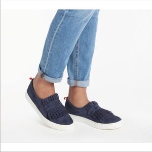 Boden Rayna fringe slip-on sneakers suede navy 10.5